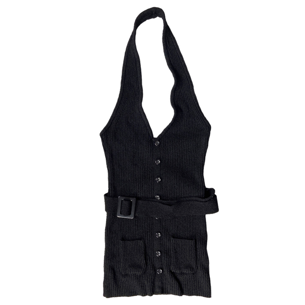 Bebe Y2K Halter Top Ribbed Knit Sweater Tank Black Belted Womens Size Small - Picture 1 of 8